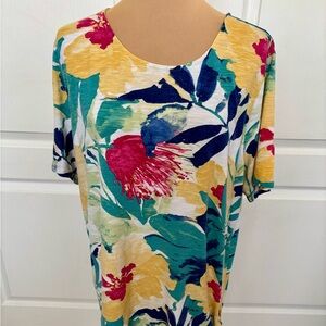 Chico’s Floral Print Tie-Side Hem Top Size Large | Bright Tropical Blouse